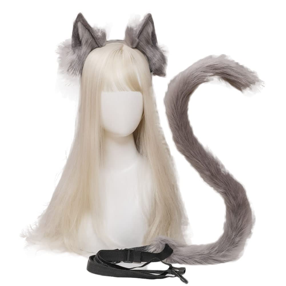 Handmade Cat Ears Headband and Tail Set, Flexible Animal Fox Ears Hair Hoop Tail Cosplay Party Costume Fancy Dress Accessories (Grey)