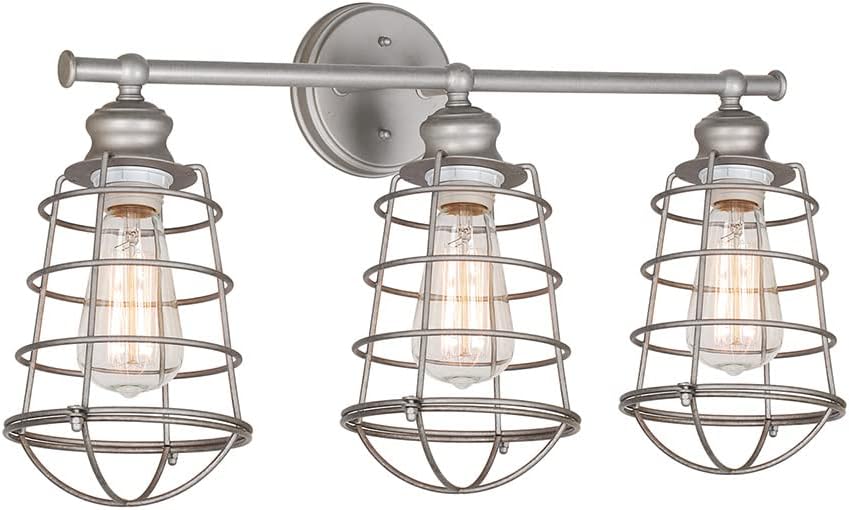 Design House 519728 Ajax Industrial Modern 3-Light Indoor Bathroom Vanity Light with Metal Wire Cage Over the Mirror, Galvanized Steel