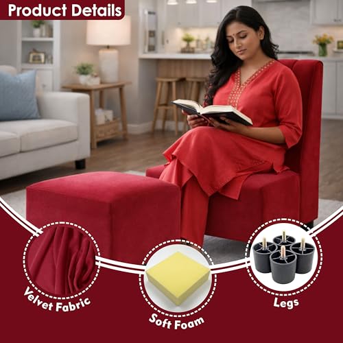 Image of Rosebell Sofa with Ottoman Combo Single Seater Sofa Set with Matching Footrest for Living Room & Bedroom - Red Color