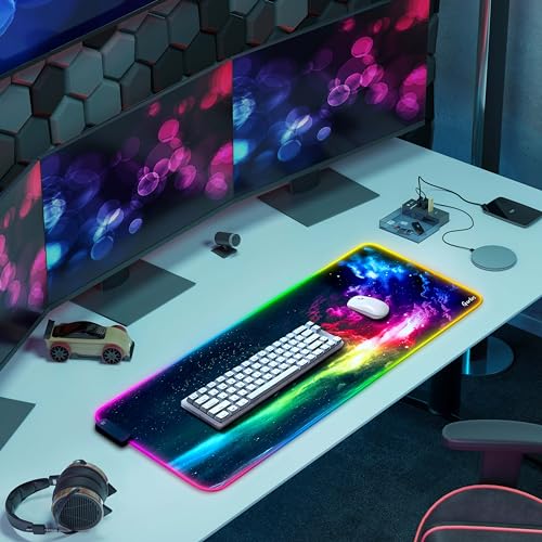 Image of Gerlos RGB Gaming Mouse Pad, Large LED Desk Mat, 31.5 x 11.8 Inch | 12 light modes, non-slip base, water-resistant surface, stitched edges