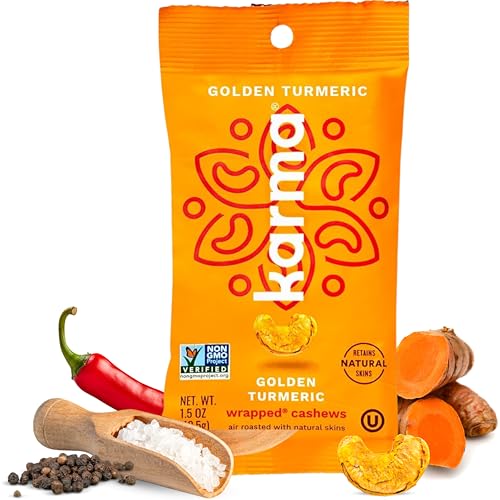 Image of Golden Turmeric Cashews with Skin by Karma Nuts, Whole, Roasted, Vegan, Gluten Free, Low Net Carb, Natural, Everyday Nut Snack, 1.5 Ounce (12 Snack Packs)