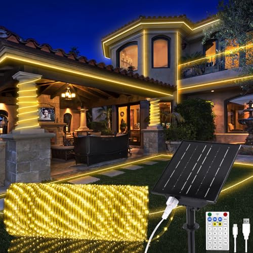 30M 1200 LEDs Solar Lichterschlauch Außen (Durchmesser: 5 5 mm) 2700K Warmweiß LED Lichterkette mit Fernbedienung & USB Port Outdoor Lichterschlauch Außen LED Lchtschlauch für Garten Balkon