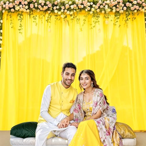 Image of Party Propz Yellow Net Backdrop for Decorations - 2 Pcs Haldi Decoration Items for Home Decor, Backdrop Cloth for Decoration Pooja, Background Decorations Cloth (Net)