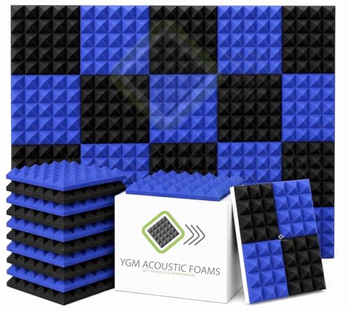 Image of YGM Acoustic Foams Pyramid Acoustic Panels 1 Footx1 Footx2inch Thick, 50 Density Acoustical Sound Proof Foam for Room, Studio, Echo Reduction & Noise Absorption (Black & Blue, Set of 108)