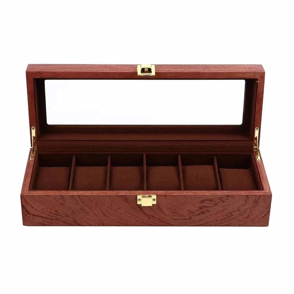 Drewniane pudełko do przechowywania zegarków z 6 przegródkami na zegarek ze zdejmowanymi poduszkami vintage design przezroczysty organizer na zegarek okienny