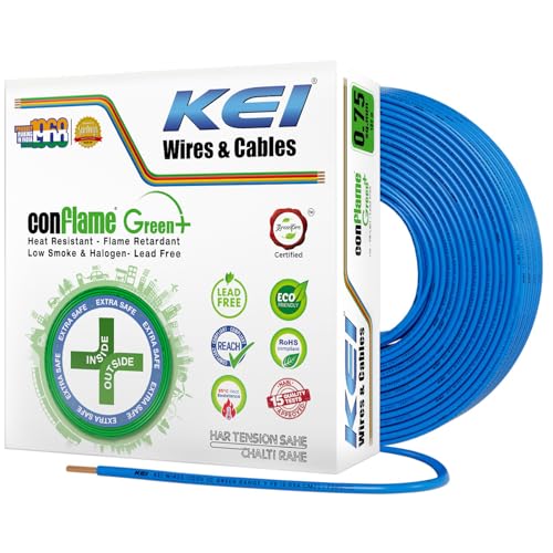 Image of KEI CONFLAME GREEN PLUS 0.75 sqmm 1 Core, 99.97% Pure Copper Conductor,FRLSH - Lead Less Insulation House Wire Suitable for Domestic & Industrial Electrical Wiring (Blue,180 Meters)