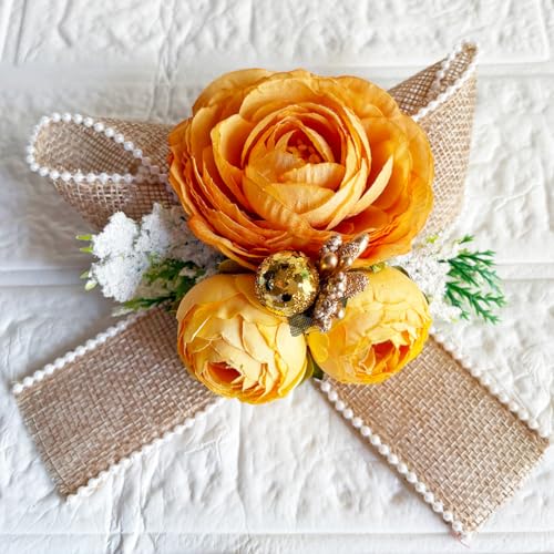 Image of ADIKALA Handmade Artificial Big Peonies 3 Flower Bunch for Trousseau Packing, Ready to use Flower Brooch Hamper for Decoration, Gift Wrapping Flowers (3, Orange Jute)