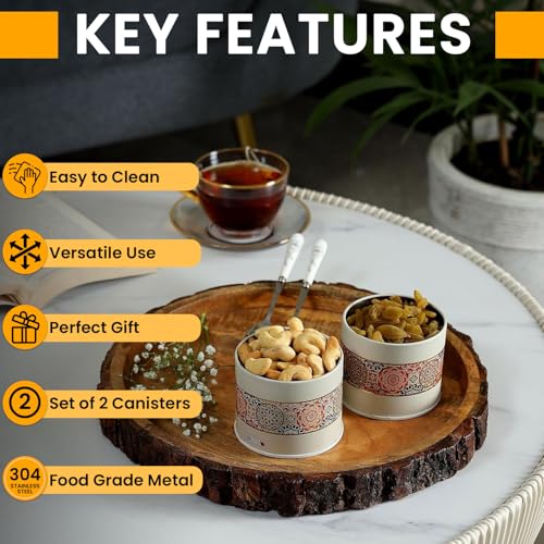 Image of Mandala Collection Airtight Kitchen Container Set| 450ML- Set of 2| Food Grade Metal Jars for Masala, Seeds, Cookies & Dry Storage| Vacuum Lid, Rust Resistant| Beige Rangoli Canisters
