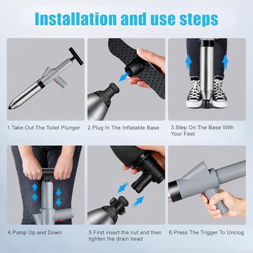 Image of High Pressure Toilet Plunger Heavy Duty Air Drain Blaster, Real-Time Barometer & Storage Bag, Multi-Drain Clog Remover for Toilets, Sinks, Tubs & Pipes - Fast Effective Unclogging Tool (Gray)