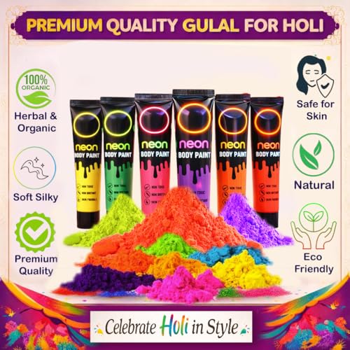Image of CraftVatika Neon Body Paint for Holi Color Festival | Certified Non-Toxic & Skin-Friendly Face Paint | UV Glow Neon Colours | 6 Assorted Tubes (300g Total)