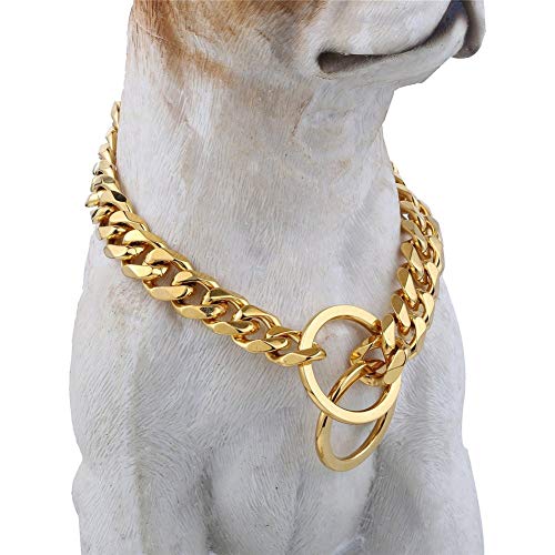 Badass Dog Collar for Large Dogs, Heavy Duty Gold Tone Charm Dog Choke Collar, 22" 15MM Fancy Metal Slip Chain - Cool + Best for Large Dogs: Pitbull, Doberman, Bulldog, Rottweiler & More!