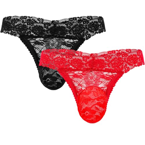 2 Pcs Sissy Men's Thong Underwear Lace Frilly Thongs Sheer Mesh Bikini Briefs G-string Lace Panties Men, Black, Red