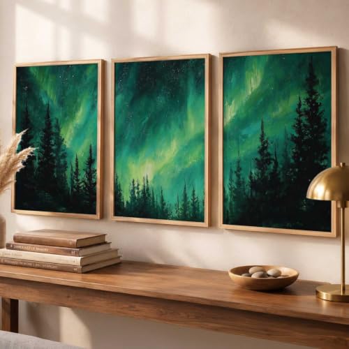 Image of kotart Big Aesthetic Nature Art Wall Framed Posters | Aurora Borealis Northern Lights View Framed Painting for Living Room Bedroom Wall Decor Set Of 3 (10X13 inch)