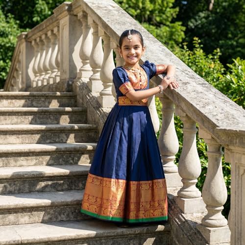 Image of Girls Silk Pattu Gown for Kids Traditional South Indian Long Ethnic Dress | Baby Girl Festival Pavadai Sattai Style Party Wedding Birthday Special Occasion Outfit
