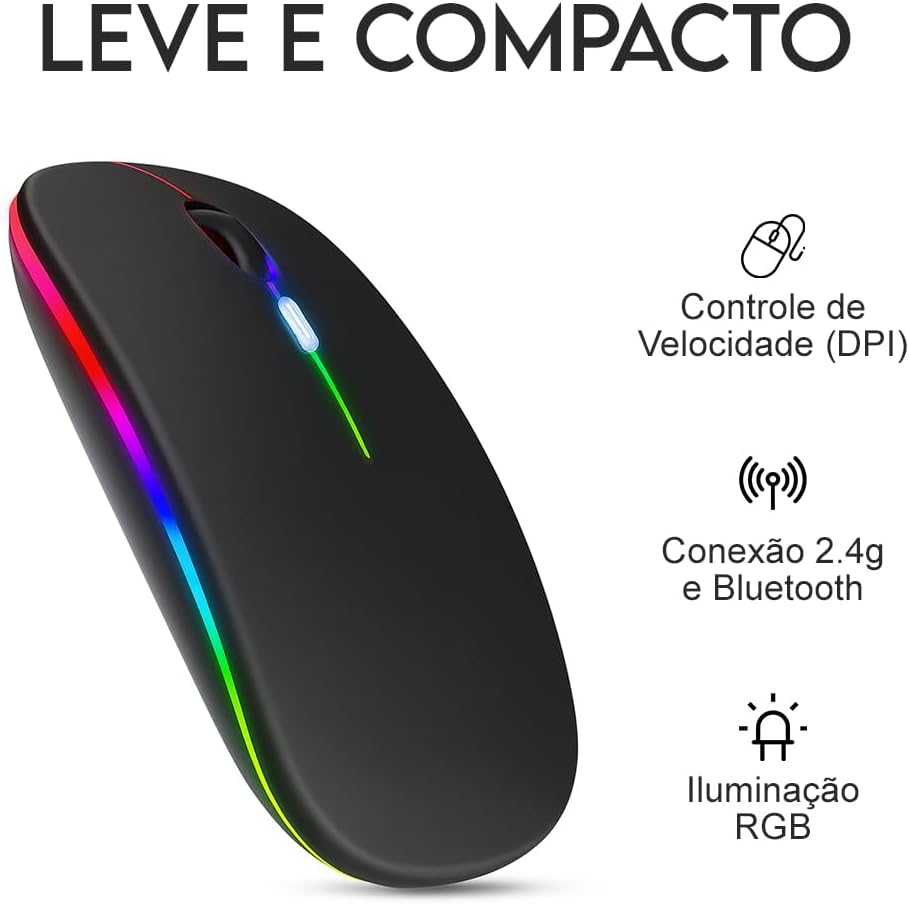 Mouse Sem Fio Recarregável Wireless Bluetooth Óptico LED RGB Ergonômico – USB 2.4GHz, Compatível com Notebook, PC Computador Desktop
