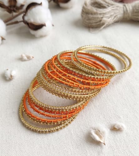 Image of NMII Non-Precious Metal with Base Metal and Zircon Gemstone Studded Ball Chain Linked Glossy Finished Silk thread Bangle set for Women and Girls