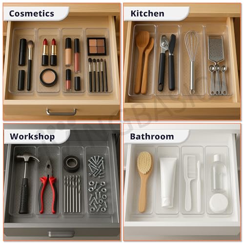 Image of LIVINGBASICS 4 Pcs Unbreakable Drawer Organizer /Drawers Organisers /Make up Organiser /Drawer Divider Tray /Makeup Dresser Tray /Dressing Table Organiser (Plastic)