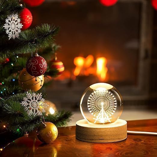 Image of COVACURE 3D Ferris Wheel Crystal Ball Night Lamp, Crystal Ball Night Light with USB, LED Wooden Base Table Lamp for Bedroom Home Office Decoration Birthday Gift for Boys Girls (Ferris Wheel Lamp)