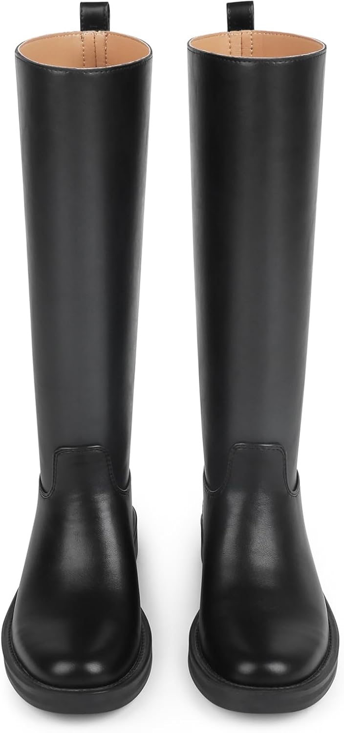 JOY IN LOVE Knee High Boots for Women Low Chunky Block Heel Faux Leather Wide Calf Riding Tall Boots