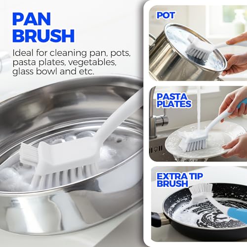 Image of Holikme 6 Pack Dish Brush Set with Bottle Brush, Dish Scrub Brush, Pan Brush and 3 Straw Brushes, Deep Cleaning Handle Brush with Scraper Tip for Kitchen Sink Dishes Bottle Cup Pot and Pans (Azul)