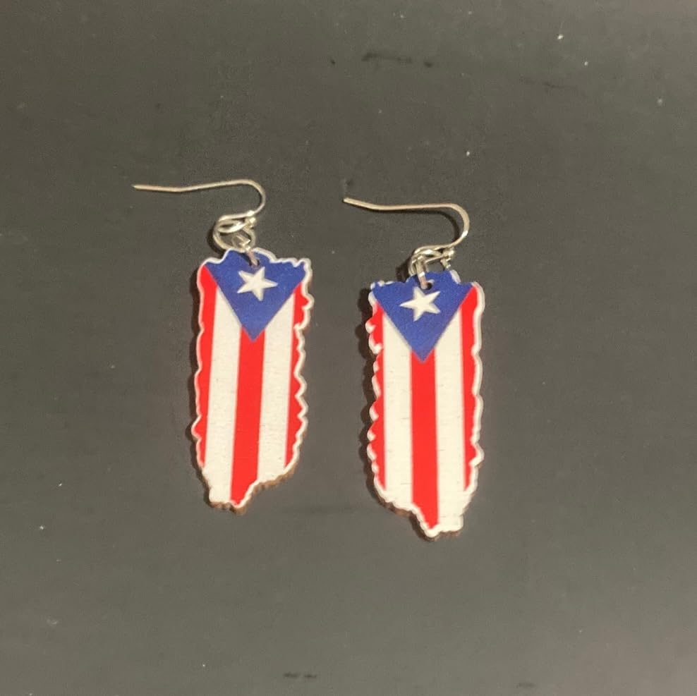 Puerto Rico Shape Wood Earrings - Dangle Style, Boricua Pride, Puerto Rican Design2
