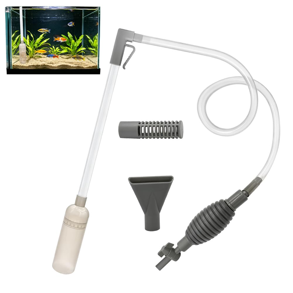 Sifonador Acuario, 1.7M Aspirador Acuario, Limpiafondos Acuario, Sifon Acuario con 3 Cabezales de Cepillo, Bomba de Aire Manual, Abrazadera para Manguera y Accesorios para Limpieza de Acuario