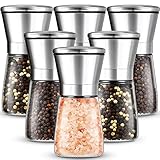 Set of 6 Salt and Pepper Grinder Stainless Steel Sea Salt Grinder Ceramic Salt and Pepper Shaker with Adjustable Coarseness Refillable Pepper Grinder Mill Glass Pepper Mill 6.3 oz Salt Mill Spice Mill