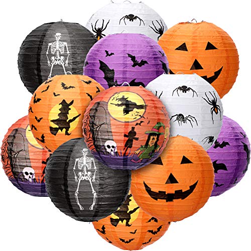 12 Pieces Halloween Paper Lanterns Jack O Lantern Pumpkin Hanging Lanterns Spider Bat Skeleton Lanterns for Halloween Indoor Outdoor Party Decoration Supplies 8 Inches