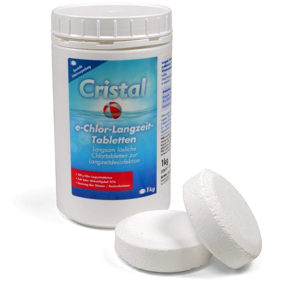 Cristal Chlor Langzeit-Tabletten 200g - 1 kg Eimer - Langzeitdesinfektion für Pools - Stabilisiertes Chlor - Effektive Wasserpflege für Pools ab 20m³