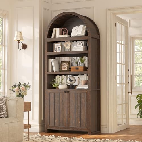 81' Tall Arched Cabinets,Bookcase with storage,Mid-Century Modern 6-Tier Bookshelf with Door,2 Book Risers and Adjustable Shelves offering more storage space for Living Room,Kitchen,Home Office,Walnut
