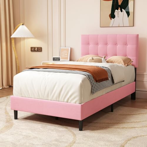 HITHOS Solid Wood Single Size Modern Upholstered Bed Without Storage Wooden Single Cot Bed for Bedroom Living Room Home (Pink) 1 Year Warranty