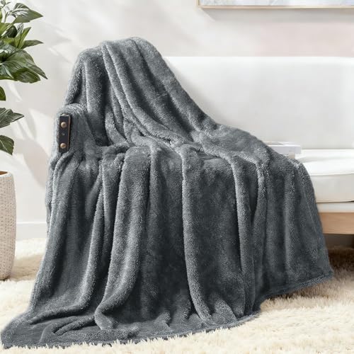Exclusivo Mezcla Plush Fuzzy Fleece Throw Blanket Extra Large, Super Soft, Fluffy and Warm Blankets for Couch, Bed, All Season (Dark Grey, 50x70 inches)