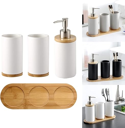 Miniatura 6 de EKDJKK Soporte para cepillos de dientes de cerámica y bambú para baño, soporte para tazas y organizador de cepillos de dientes, ahorro de espacio