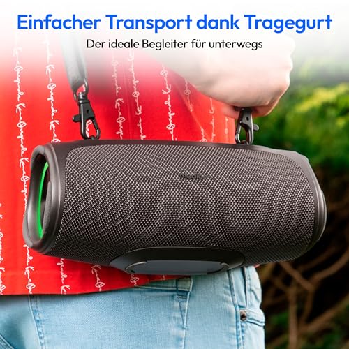 MEDION P61746 tragbarer Bluetooth Lautsprecher (Akku, Bass Boost, Musikbox, RGB Lichteffekte, IPX7 Wasserschutz & robust, integrierte Powerbank, 2X 15 W RMS) Anthrazit