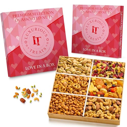 Gourmet Nuts Gift Box Healthy Gifts for Adults Love Heart Shaped Platter and Lid with 6 Assorted Premium Nuts Mothers Day Gift Ideas