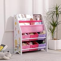 Ansley&HosHo Children's Bookcases, Kids Bookshelf Organizer, Childrens Toys Storage Unit with 6 Boxes & 2 Book Shelves, Toddler Sling Book Shelf for Playroom, Kids Room, Nursery (Pink)