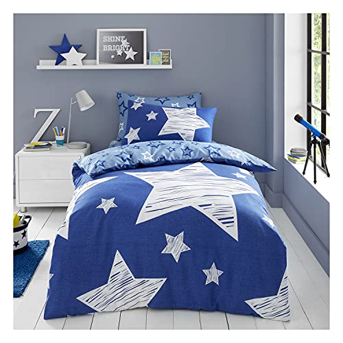 FAIRWAYUK Star Bedding Single Bed - Printed Blue and White Duvet Cover Sets with Matching Pillowcase, Ultra Soft Reversible Boys Quilt Covers, Machine Washable, 137x200cm