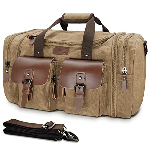 Image of Wildroad Waxed Canvas Genuine Leather 50L Waterproof Duffle Bag - Vintage Travel Weekender Overnight Carry On