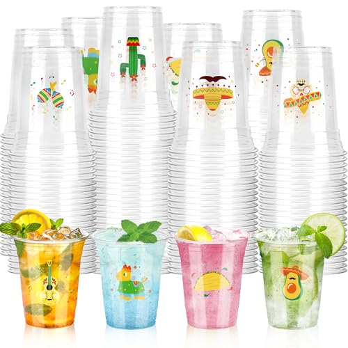 100 Pcs Mexican Fiesta Cups, 12 oz Fiesta Plastic Cups Clear Disposable Party Drinkware Decorations for Taco Birthday Party Supplies, 4 Styles