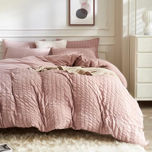 Image of JELLYMONI Seersucker Duvet Cover Set Full, 3pcs Smokey Pink Polyester | In Guest Room & Studio, Single Upgrades Pick, Crinkled Texture, Oeko-Tex Certified, 8 Corner Ties & Hidden Zipper