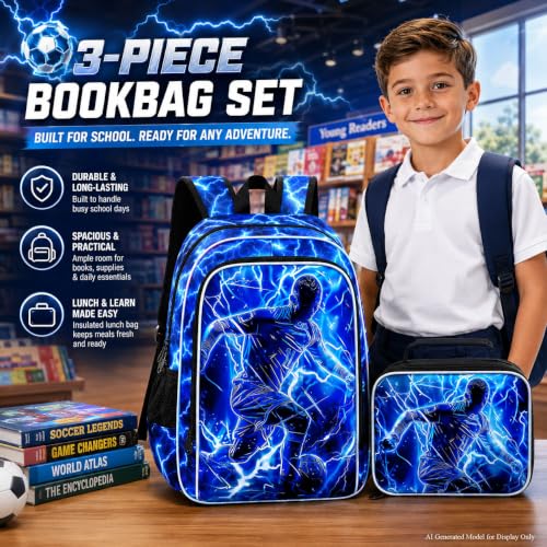Image of 3Pcs Soccer Backpack for Boy, 17 inch Lightning Bookbag for Elementary Preschool Kindergarten, Kids School Thunder Backpacks with Lunch Box (Blue)