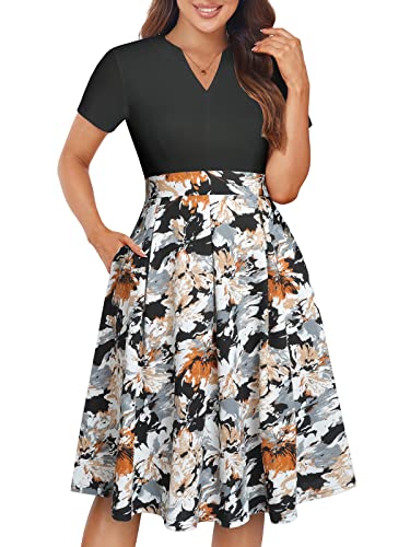 Image of YATHON Womens Elegant Print Notched Neck Slant Pocket Pleated Hem Casual A-Line Dress