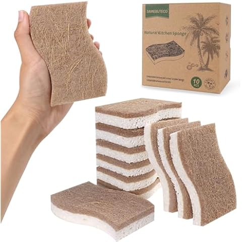 SAMEBUTECO Natural Kitchen Sponge Dish Sponge for Kitchen Coconut Fiber and Wood Cellulose Scrubbing Sponges for Heavy Duty Kitchen Grime S Shape Kitchens Sponges 10 PCs Cover