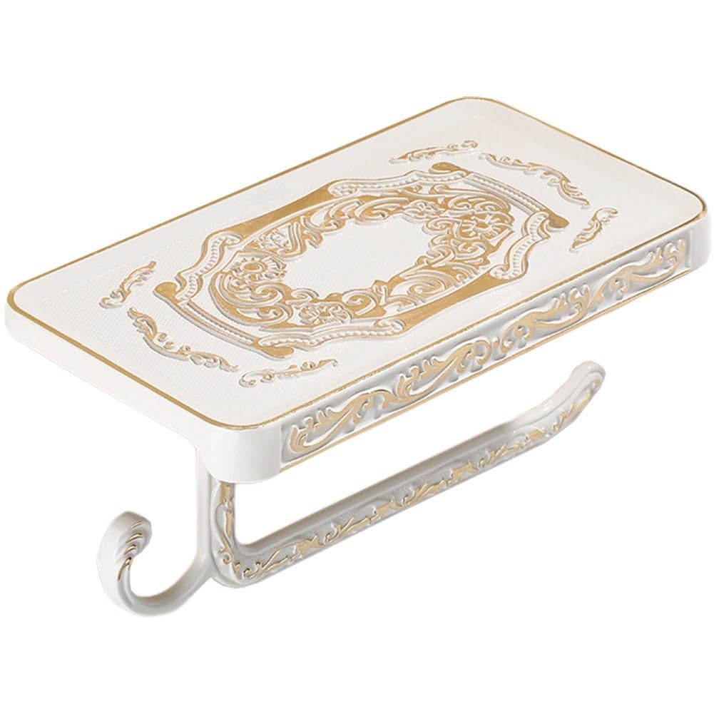 Fituenly Gold Antique Toilet Paper Holder With Shelf And Hook Vintage Style Toilet Tissue Roll Holder Hanger Aluminum Material Wall Mount For Bathroom