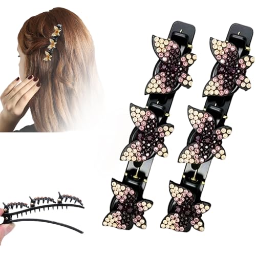 Pince à cheveux tressée avec pierre de cristal brillante | Set de 2 barrettes papillon femme