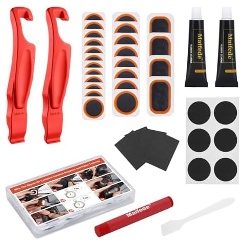 Maifede Bike Inner Tire Patch Repair Kit - with 24 Vulcanizing Patches, 2 Super Bike Tire Levers, 6 Glueless Patches and Portable Storage Box - for Bicycle, BMX, Motorcycle, and Inflatable Rubber. Cover