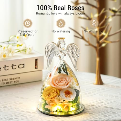 Emibele Mother's Day Angel Rose Gifts for Mom Grandma, Preserved Real Rose in Glass Angel Figurines, Eternal Flower Gifts for Women on Birthday Anniversary Thanksgiving Christmas, Champagne - Afbeelding 4