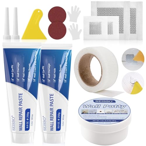 SEISSO Drywall Repair Kit, White- Wall Mending Agent 250 g* 2, Wall Repair Paste Plaster, 1 Pack Wall Putty, Repair Tape and Wall Repair Patch with 2inch 4inch, Quick Fill Crack and Nail Hole