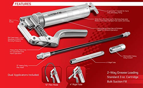 Carbyne Mini Pistol Grease Gun, Heavy Duty Professional Quality, 3000 PSI. 12 inch Flex Hose and 4 inch Rigid Extension. - Thumbnail 3