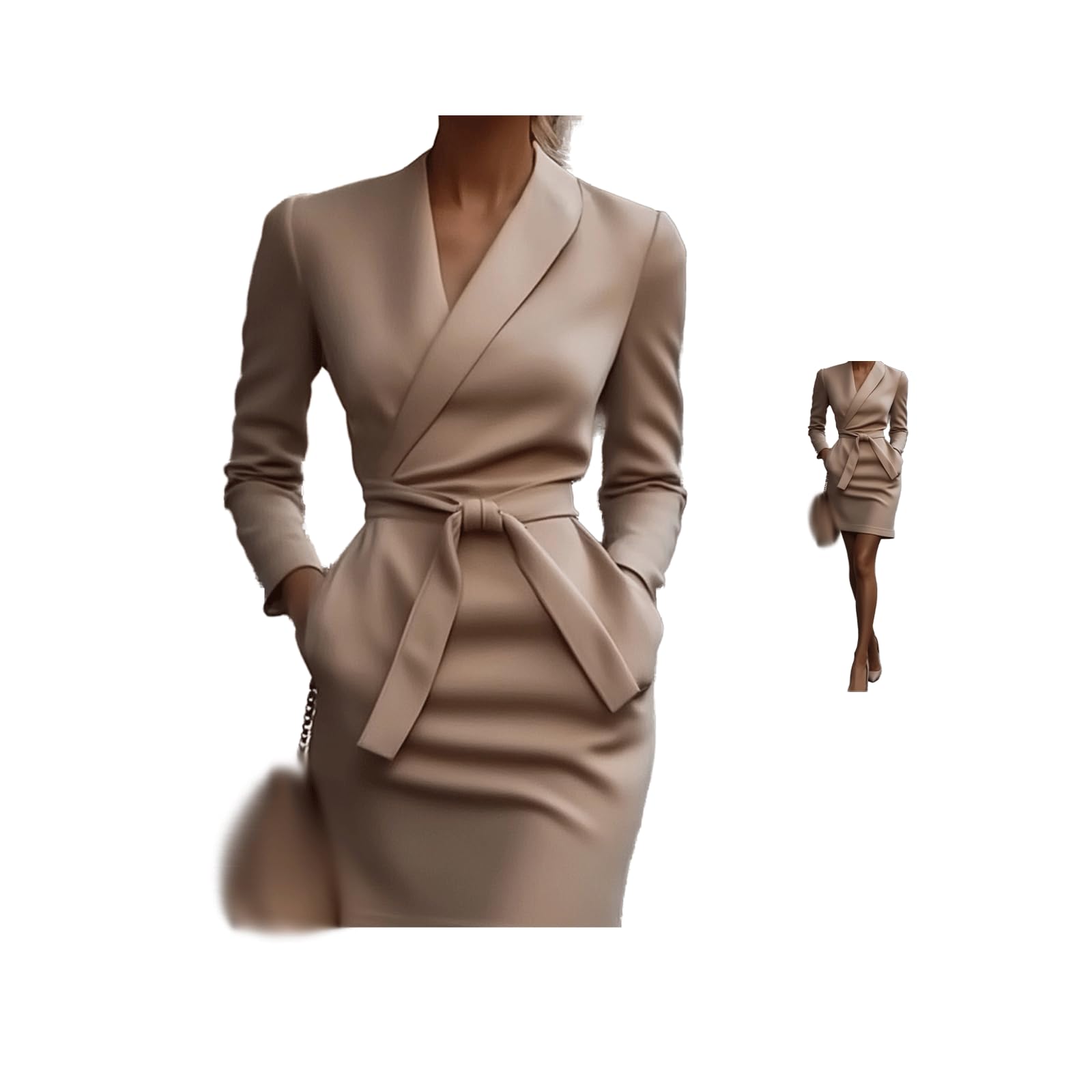 Womens V-Neck Long Sleeve Fitted Midi Dress - Zipper Up Office Business Dresses with Belt - Refined Belted